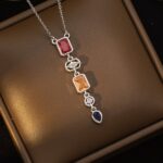 Silver Multicolor Crystal Pendant Necklace.